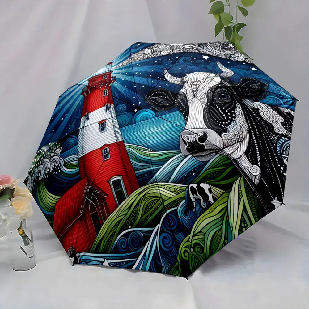 Cow and Lighthouse Night Scene Art Pattern Umbrella portable waterproof sun rain umbrella for outdoor travel beach