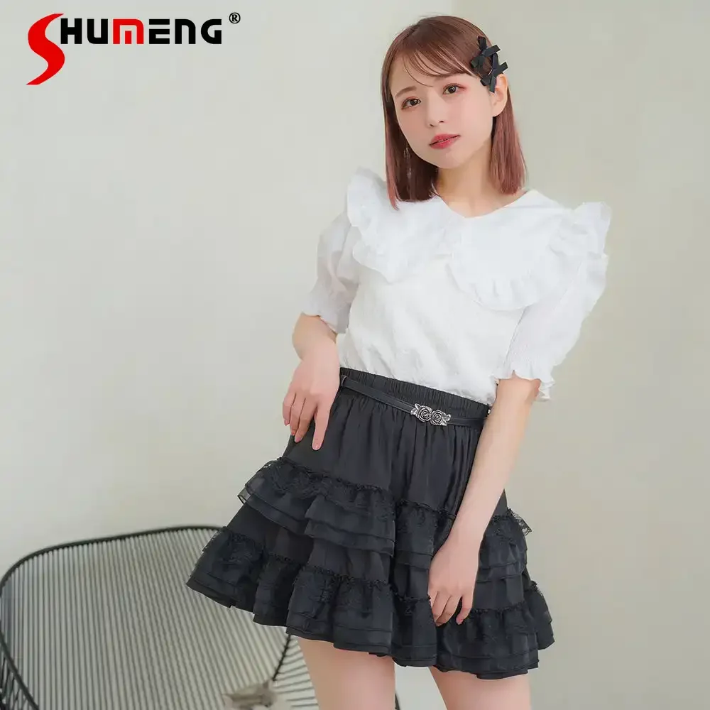 

Japanese Style Sweet Cute Ruffles Splicing Big Doll Collar Bubble Short Sleeve Tops Casual Versatile Kawaii T-shirt Women Spring