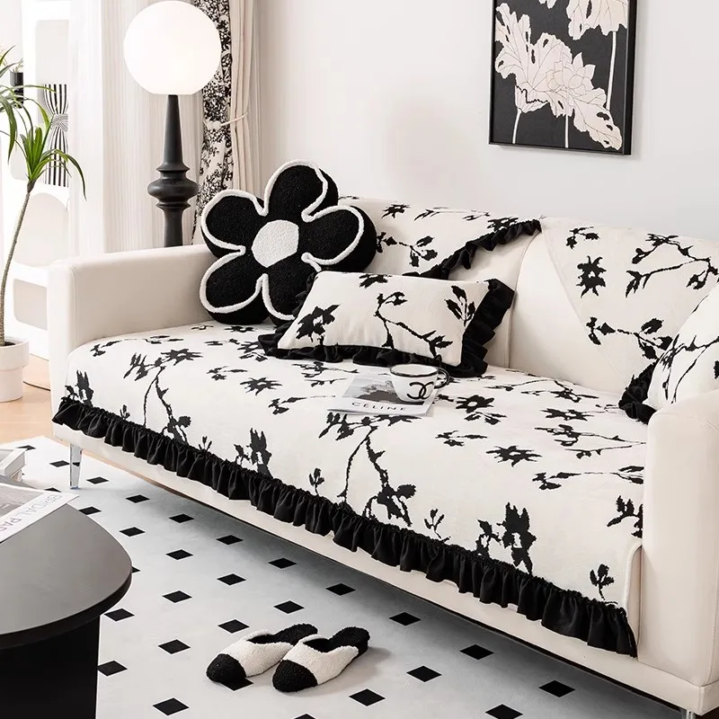 

Современная всесезонная противоскользящая мягкая защита из синели для гостиной, домашний декор 2022, французский ретро-стиральный чехол для дивана с цветком и чернилами, подушка