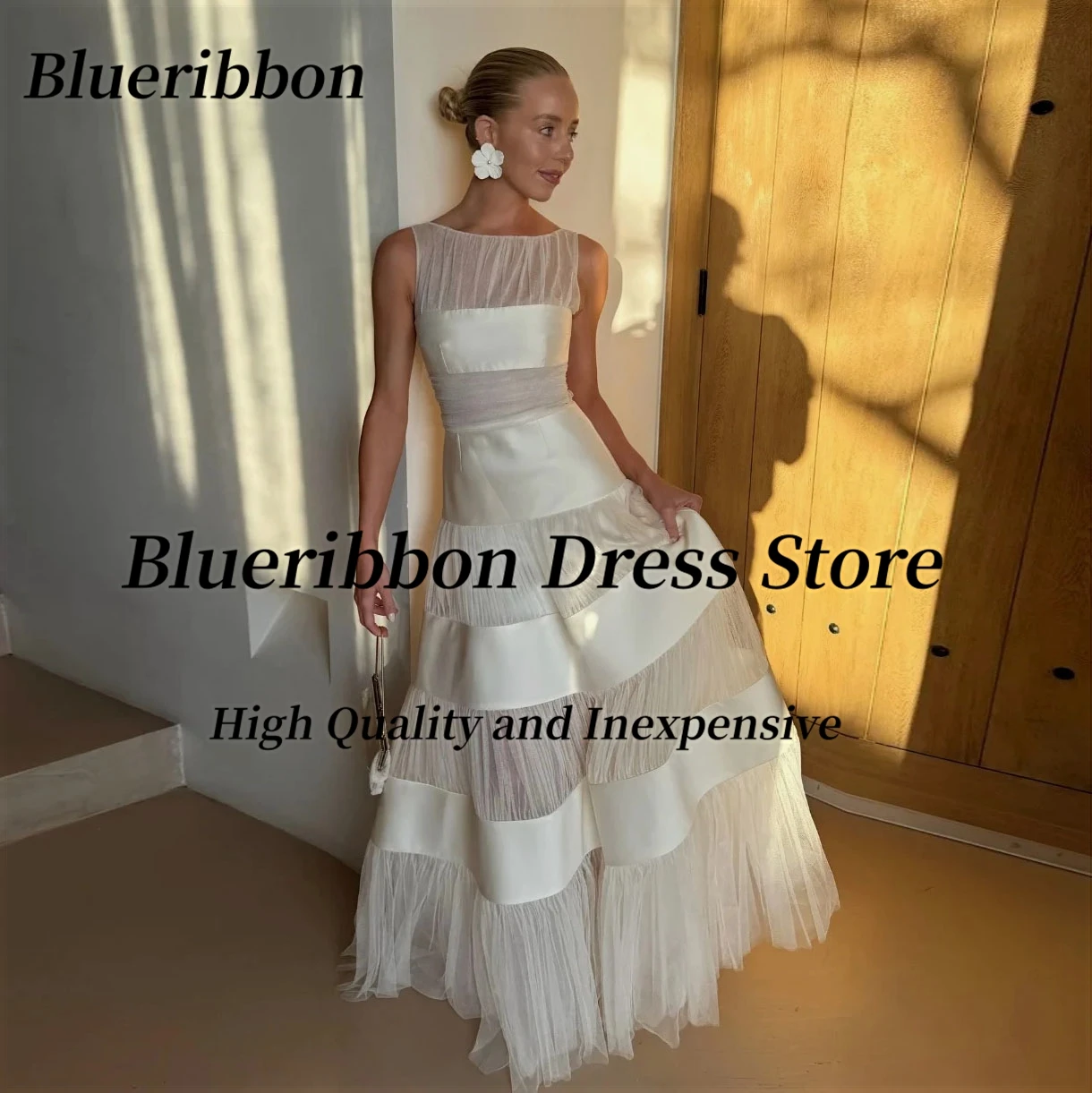 

Blueribbon Tulle Prom Dresses Scoop Neck Sleeveless Bride Wear Wedding Dress Zipper Back Special Evening Gowns Customized