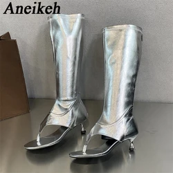 Aneikeh NEWSummer PU Sandals Round Toe Peep Toe Flip Flops Rome Thin Heels Boots Solid Women's Thin Heel Party Knee-High Novelty