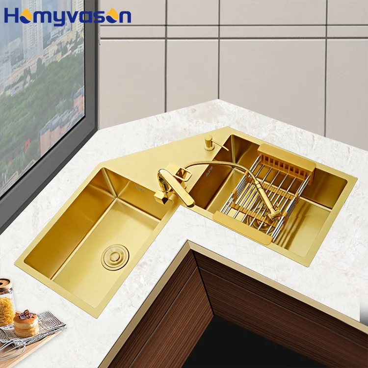 Gold Nano Space Saving Corner Kitchen Sink Stainless Steel Triangle Corner Design Kitchen Sink