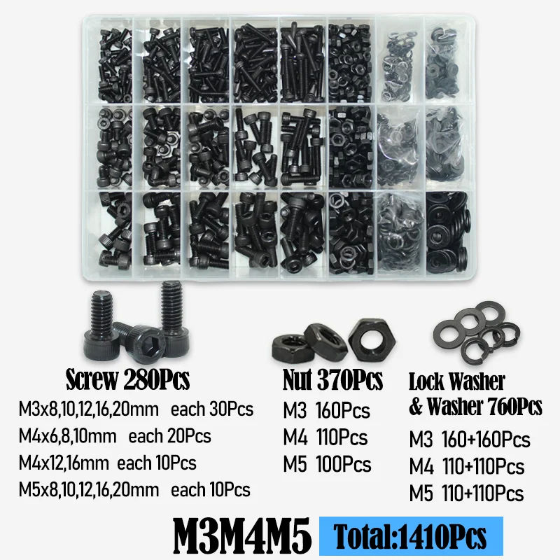 2500p schwarzer Stahl-Innensechskant-Rundkopfschrauben-Set M2 M3 M4 M5 M6 Güteklasse 12.9 DIN912 Inbus-Schrauben Muttern Unterlegscheiben-Sortiment-Set – Detail 9
