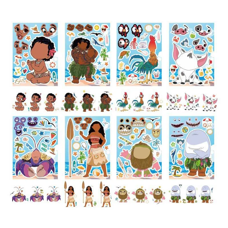 

8/16sheets Make a Face Disney Moana Waialiki Stickers Kawaii Girls Puzzle Sticker Phone Stationery Skateboard Tamatoa Decal Toys