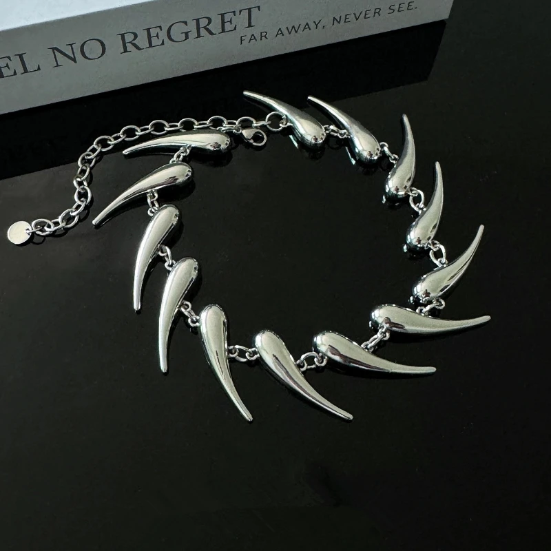 قلادة عنق سلسلة برشام بلون فضي هيب هوب للرجال والنساء ، معدن مبالغ فيه ، شوكة قطرة ماء ، قلادات قصيرة مجوهرات