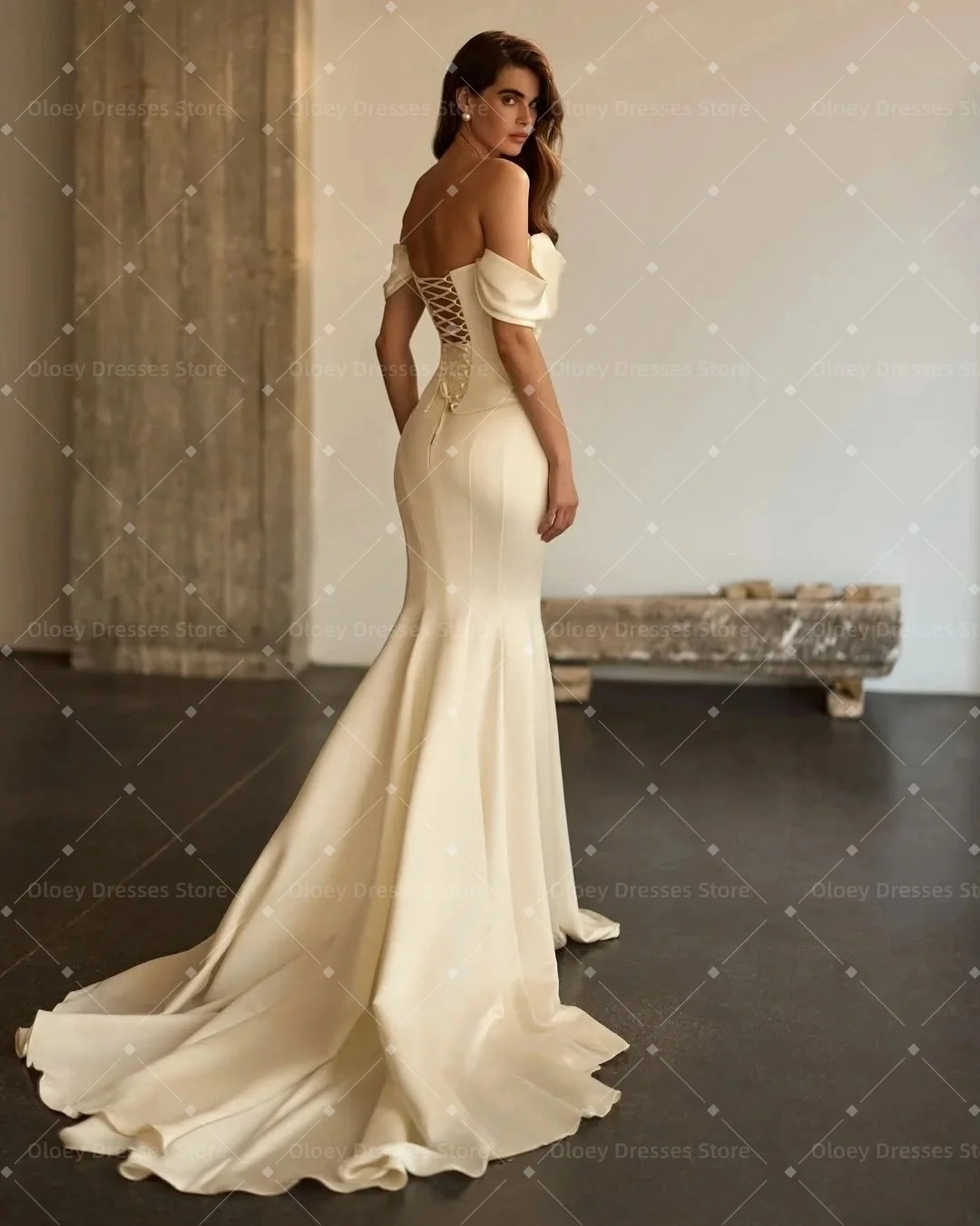 OLOEY Elegant Off the Shoulder Stain Wedding Dresses with Scarf Customized 2026 Mermaid Bride Dress Court Train Robe De Mariée