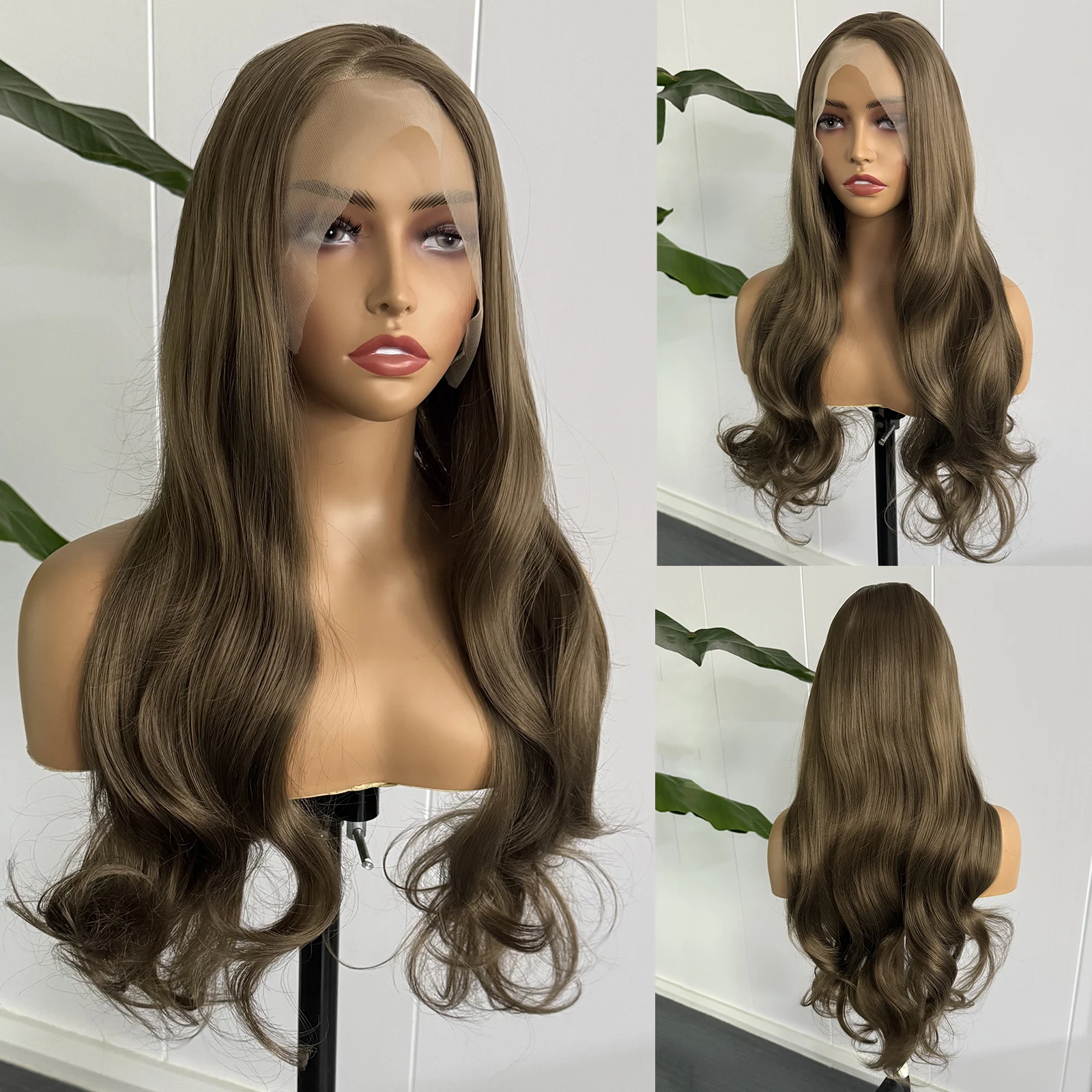 

Коричневый парик фронта шнурка 13x4 Натуральная линия волос Длинные натуральные волны Парик из синтетических волос для женщин Ежедневное использование Парик для вечеринок Бесклеевой фронтальный