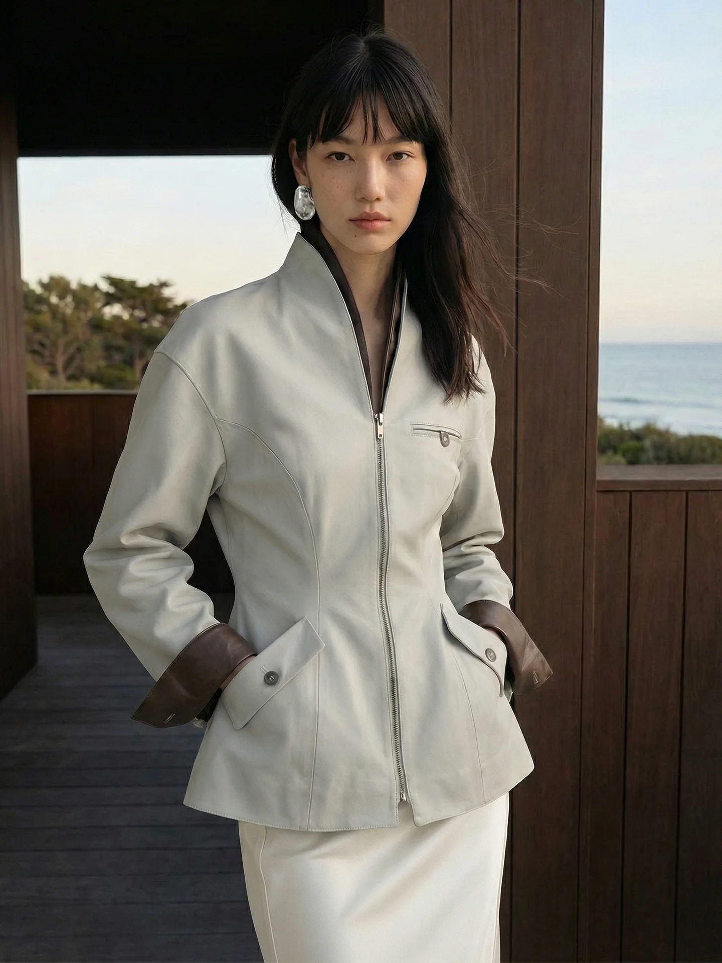 

New Chinese Style Women's Stand Collar Waist-Cinching Leather Jacket Zen Spirit Old Money Style Spring Fashion Outerwear