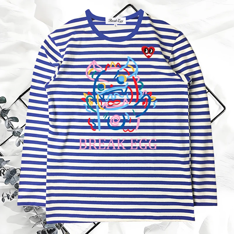 

Graffiti Yell Monster Hip Hop Printing Women Striped T-Shirt Red Eyes Beard Heart Embroidery Cotton O-neck Long-sleeved T-shirt