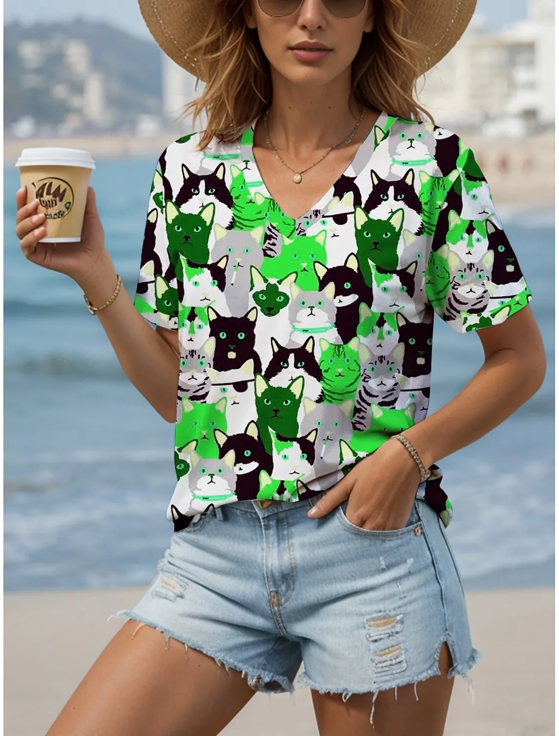 2025 Women's T-Shirt Kawaii Cat Graphic Fashion Short Sleeved V-Neck Regular Tops Daily Print Tee Summer Spring casual Tops