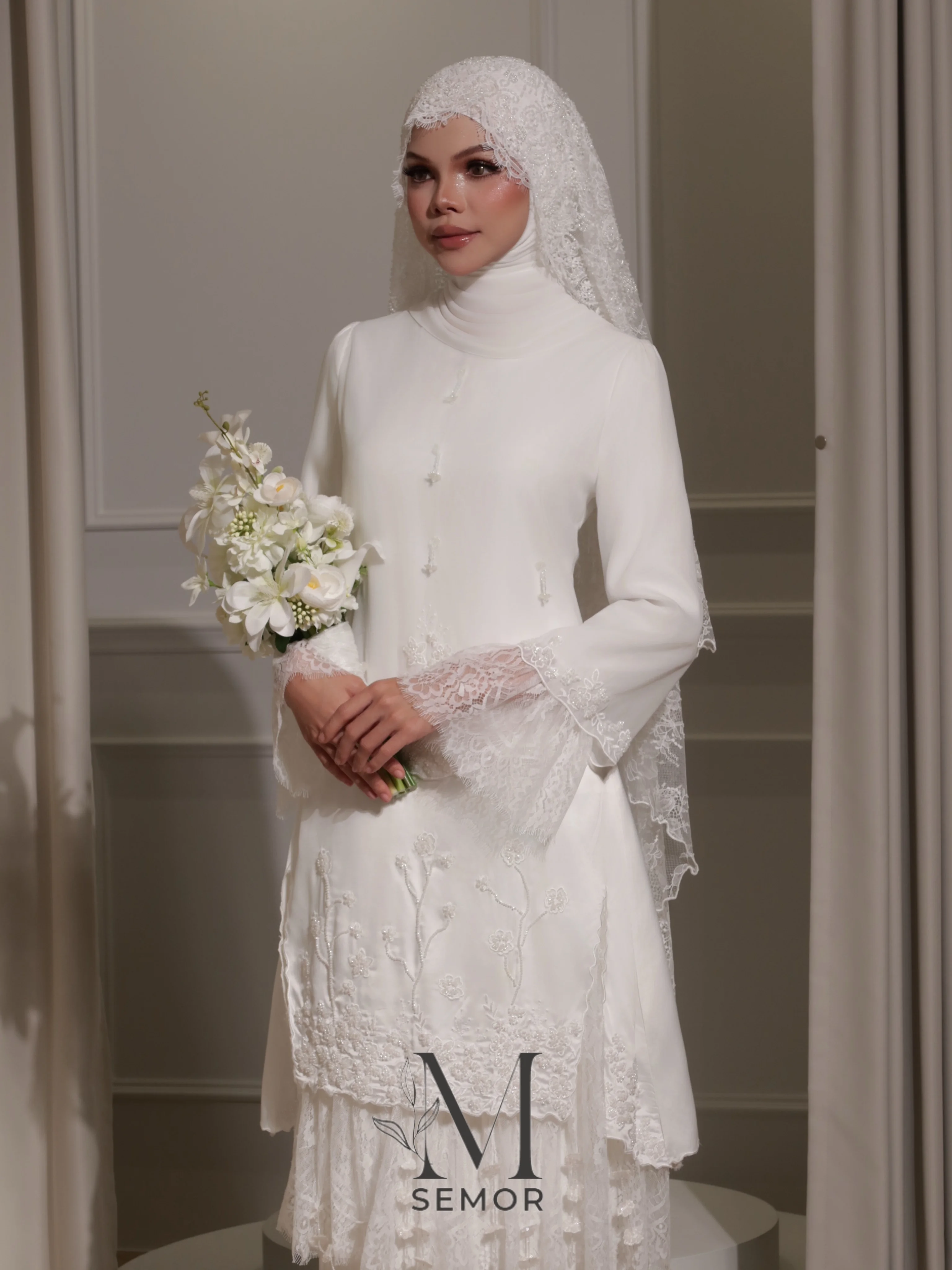 Semor Customized Muslim Wedding Dress 2 Piece Set Long Sleeve Lace Beaded Hijab Bridal Outfit Modest Islamic Nikah Wedding Gown