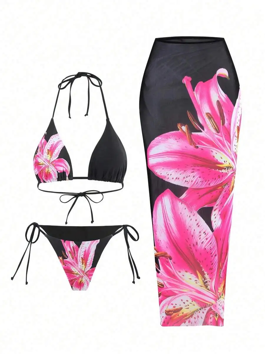 

Black Floral Print Halter Triangle Bikini Set With Side Tie Bottom And Matching Maxi Skirt