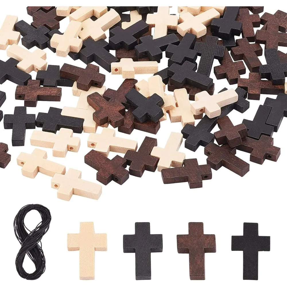 90pcs Wood Cross Pendants 3 Color Blessing Cross Charm Spacer Beads for Easter Party Favors Sunday School Ramadan Decoration