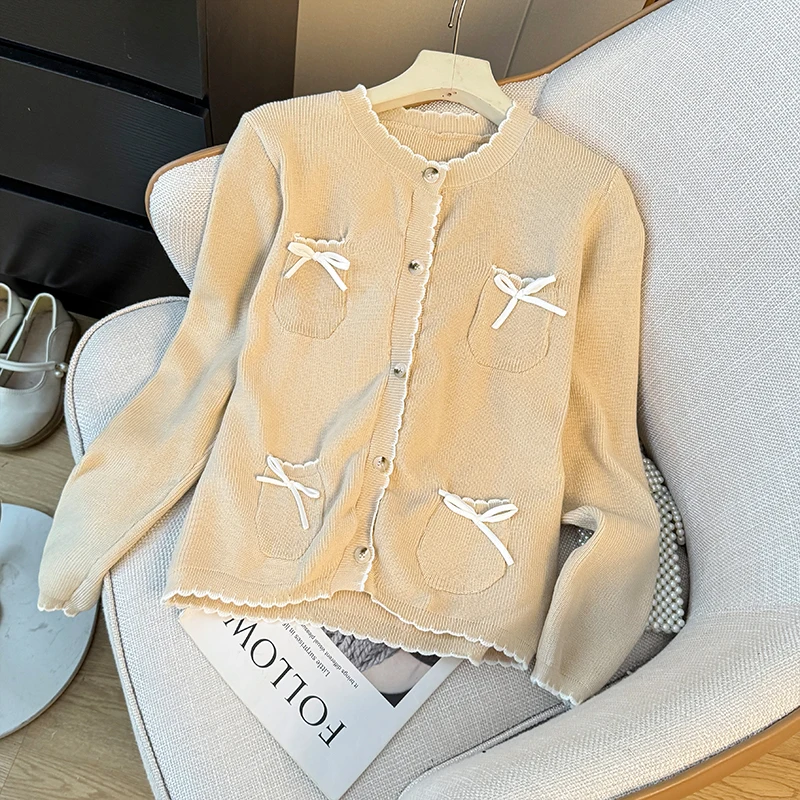 Suéter coreano elegante con lazo suave para mujer, cárdigan con cuello redondo, abrigo informal de manga larga, Tops de punto holgados y dulces para otoño