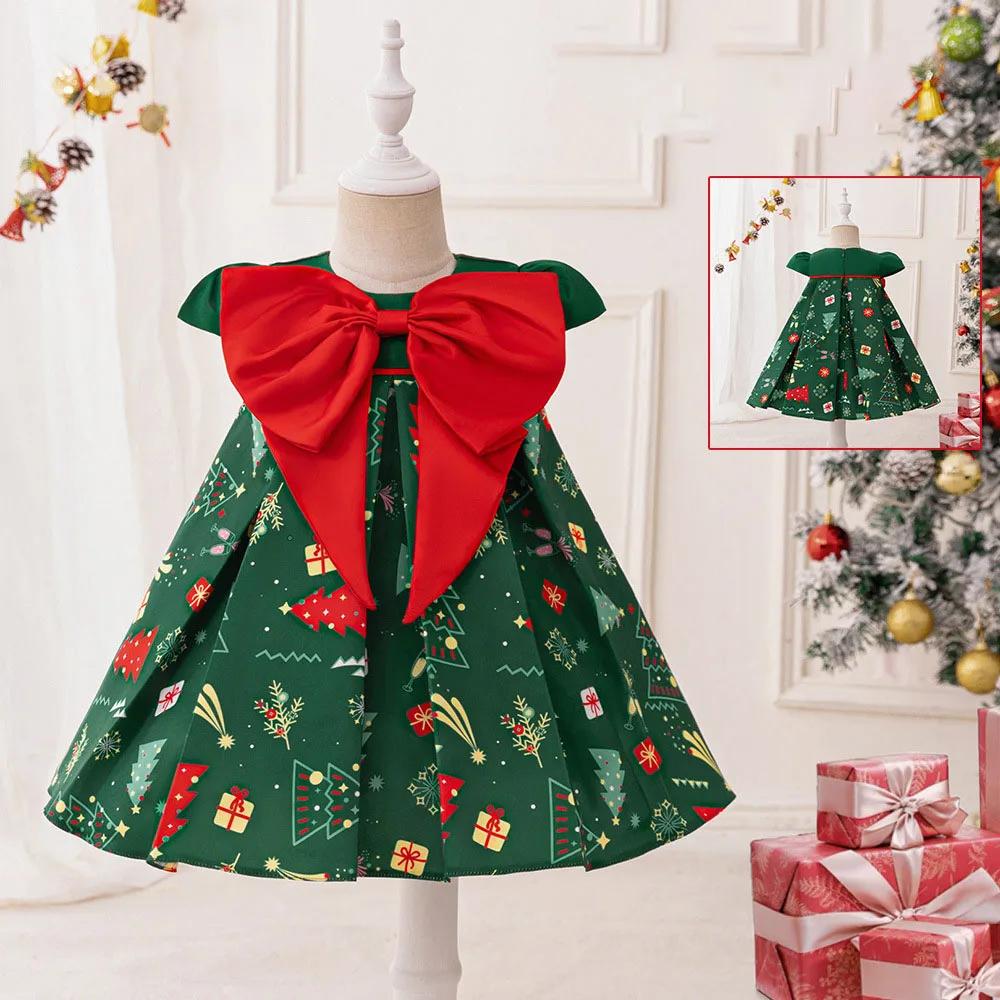 

0-3 Years Infants Girl Christmas Costume Red Bow Christmas Tree Modeling Prom Performance Dress Newborn Kids Princess Dress