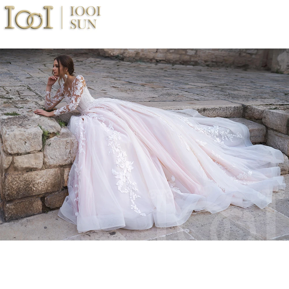 Iwing ISUN-Robe de mariée princesse rose à manches longues, robe de Rh, appliques en dentelle, col rond, bouton, train royal, mariée, quel que soit personnalisé