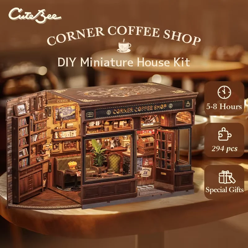 

CUTEBEE Book Nook Kit DIY Doll House with LED Light Bookshelf Insert CORNER COFFEE SHOP Miniature Model For Birthday Family Gift