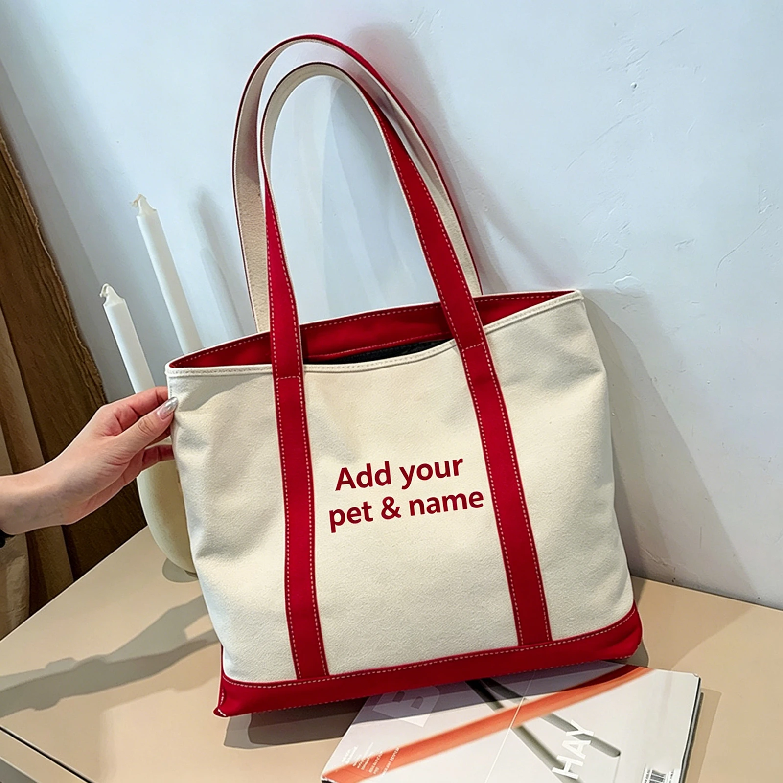 Personalized Dog Cat Mom Gift Custom Pet Portrait Tote Bag Large Capacity Canvas Tote Inner Zipper Front Pocket for Women