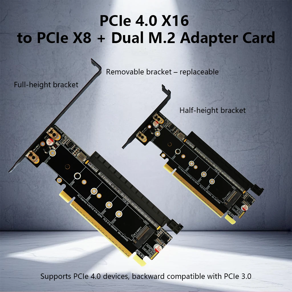 

P1K PCIe 4.0 X16 Splitter Adapter Card PCIe X8 + 2×M.2 M-key NVMe SSD Expansion Card for M.2 NVMe 2230 2242 2260 2280 22110 SSD