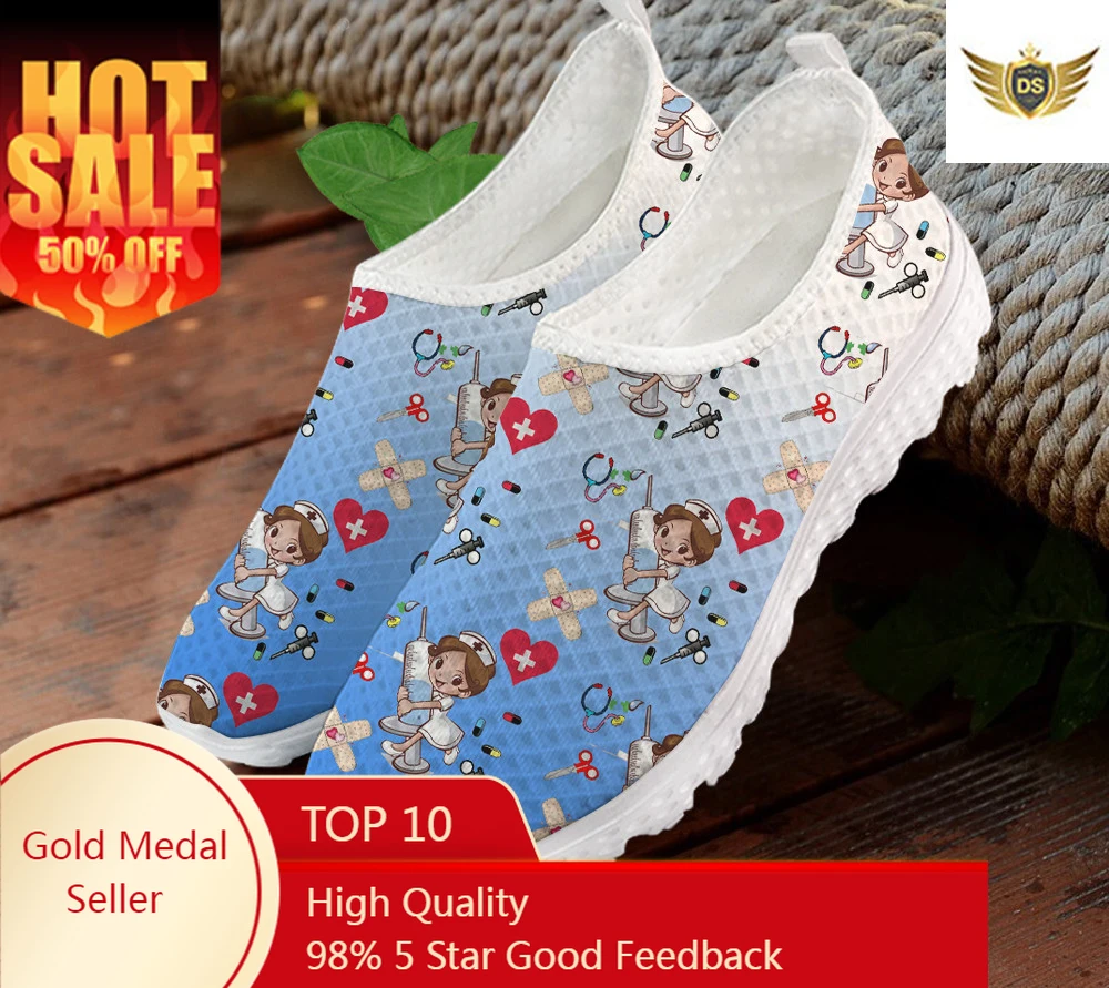 

Woman Slip On Sneakers Cute Cartoon Nurse/Doctor/Hospital Print Mesh Nursing Shoes for Women's Lightweight Loafers