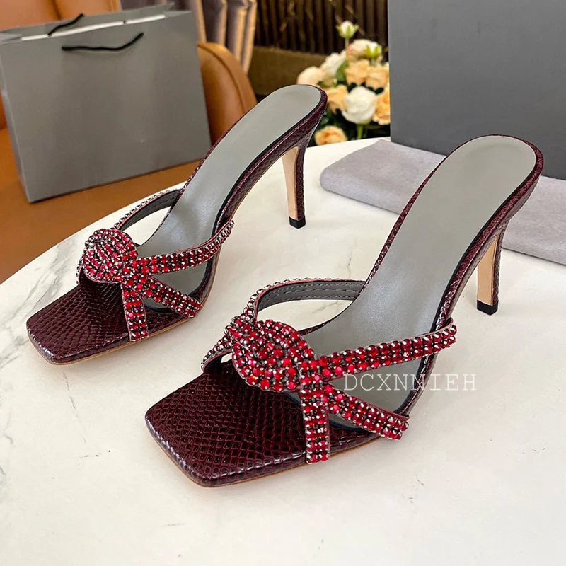 Luxury Rhinestone Thin high Heel Slippers Women Square Toe Cross Band Shiny Crystal Sandals Summer Sexy Party Dress Shoes 2024