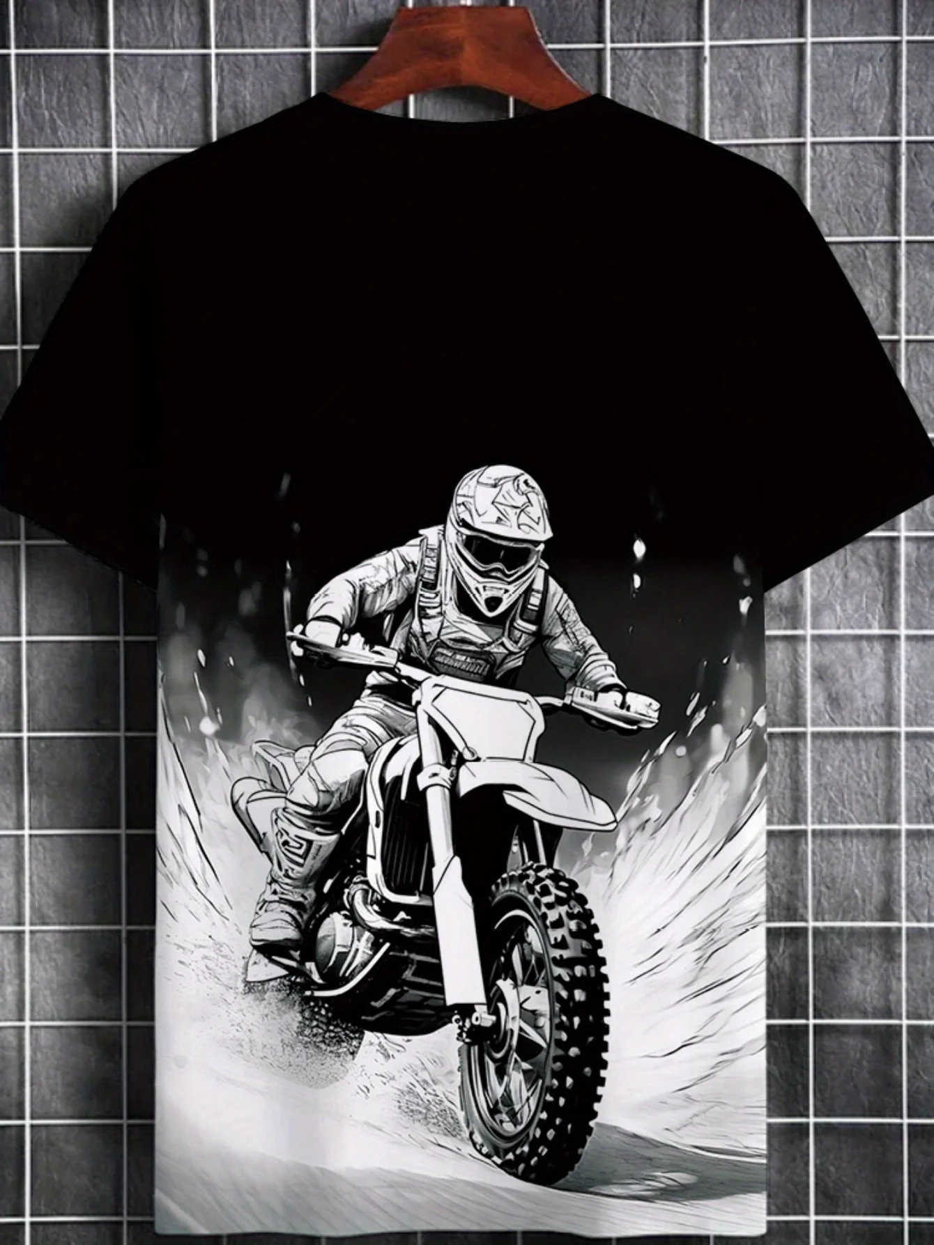 تي شيرت رجالي كاجوال بنمط دراجة نارية أبيض وأسود مطبوع بأكمام قصيرة إصدار عادي ملابس صيفية مناسبة #2