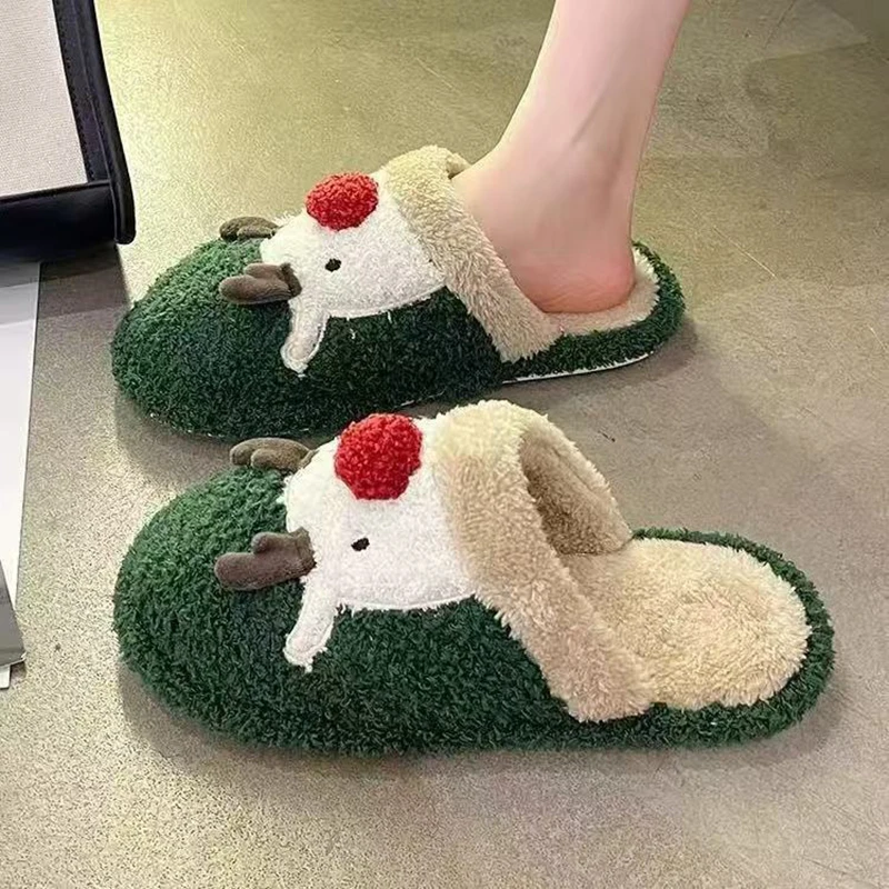 Cute Christmas Elk Cotton Slippers for Women in Winter Ins Fashion Home Anti slip Couple Plush Cotton Shoes for Men