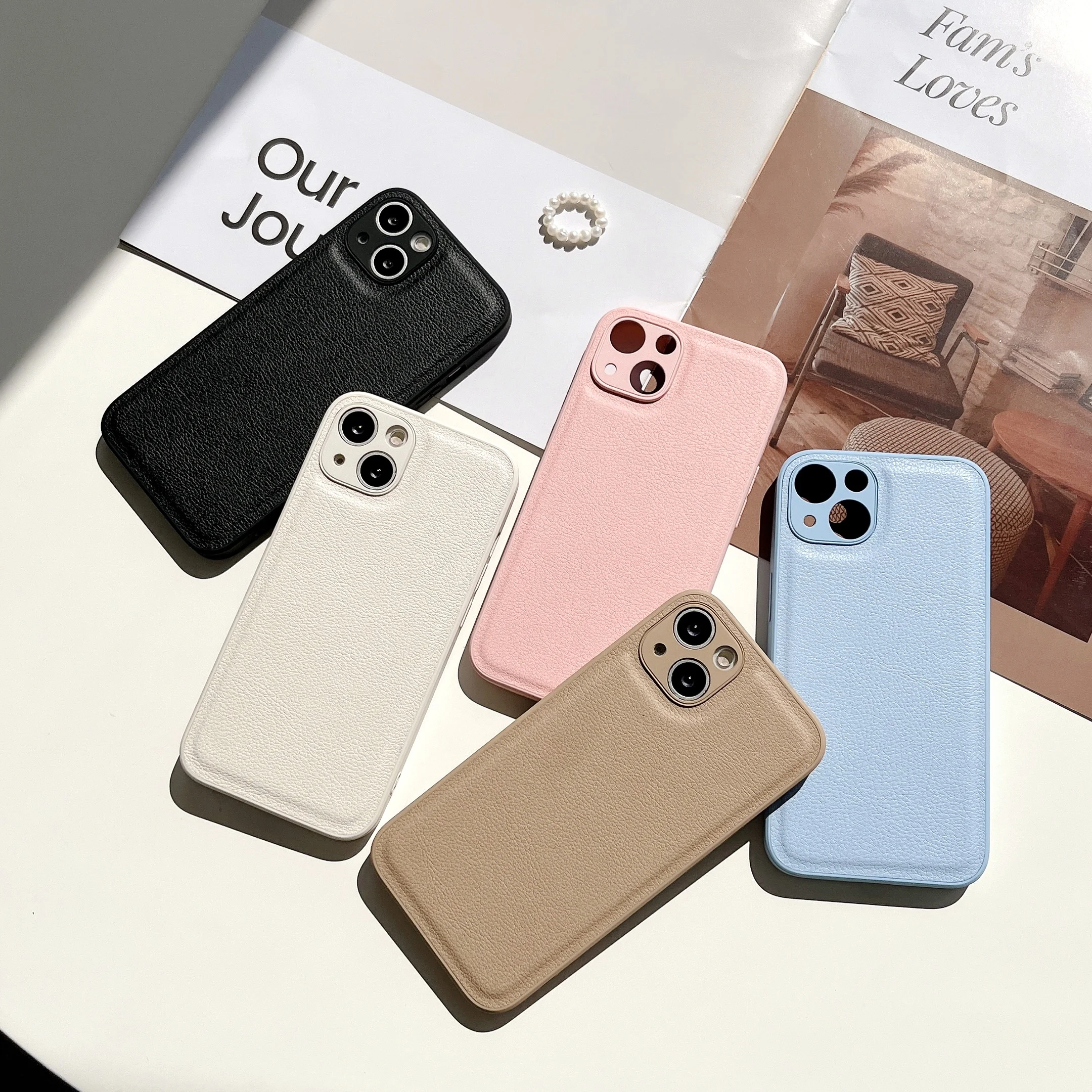 Luxury Solid Color Pu Leather Silicone Phone Case For Iphone 11 12 13 14 15 16 Pro MAX X XR XS SE 7 8Plus White Brown Pink Cover