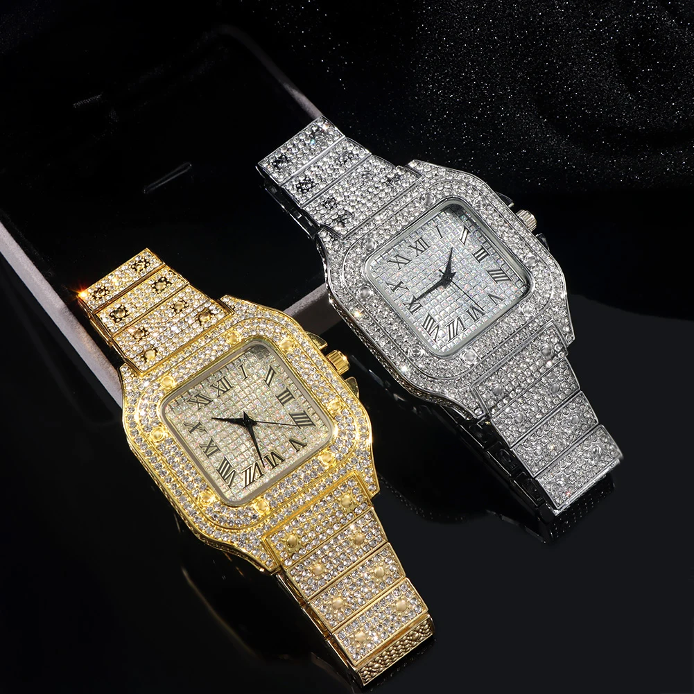 Hip Hop Iced Out Men Square Watch Diamond Quartz Luxury Mens Wrist Watches Gold Roman Calendar Steel Clock Relogio Masculino