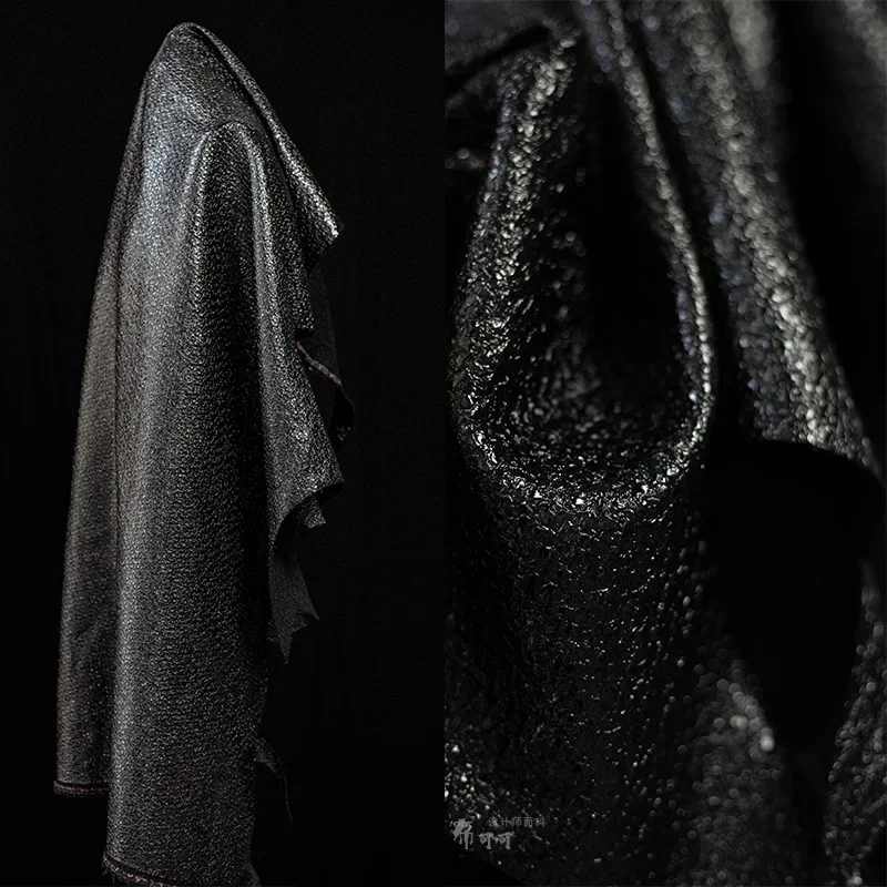 Black Leather Fabric PU Material Coating Particle Texture Designer Wholesale Cloth Apparel for Diy Sewing