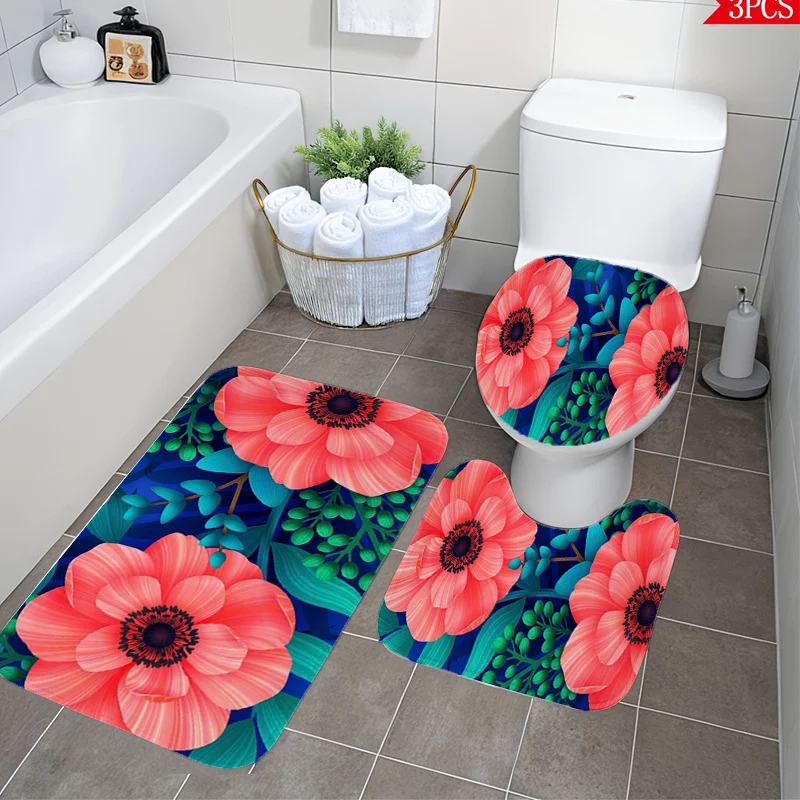 

3pcs Bathroom Mat Set with Orange-Red Anemone, Dark Purple-Black Stamens, and Teal Leaf Patterns - Includes Toilet Lid Cover, U-