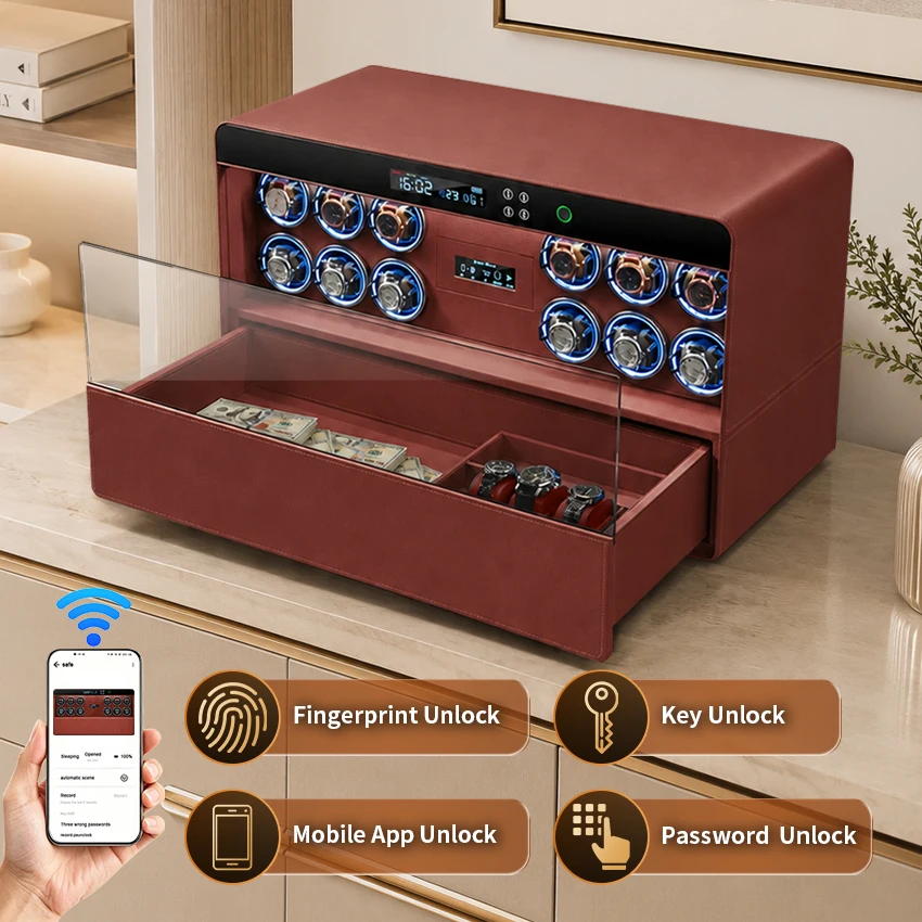 Smart Fingerprint Safety Box Key  Closet Accessories Leather 12 Slots Watch Winder for Wardrobe