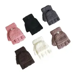 Winter Children Thickened Warm Knitted Half-finger Clamshell Gloves Cute Boys and Girls Student Simple Plush Gloves 3-10 Years