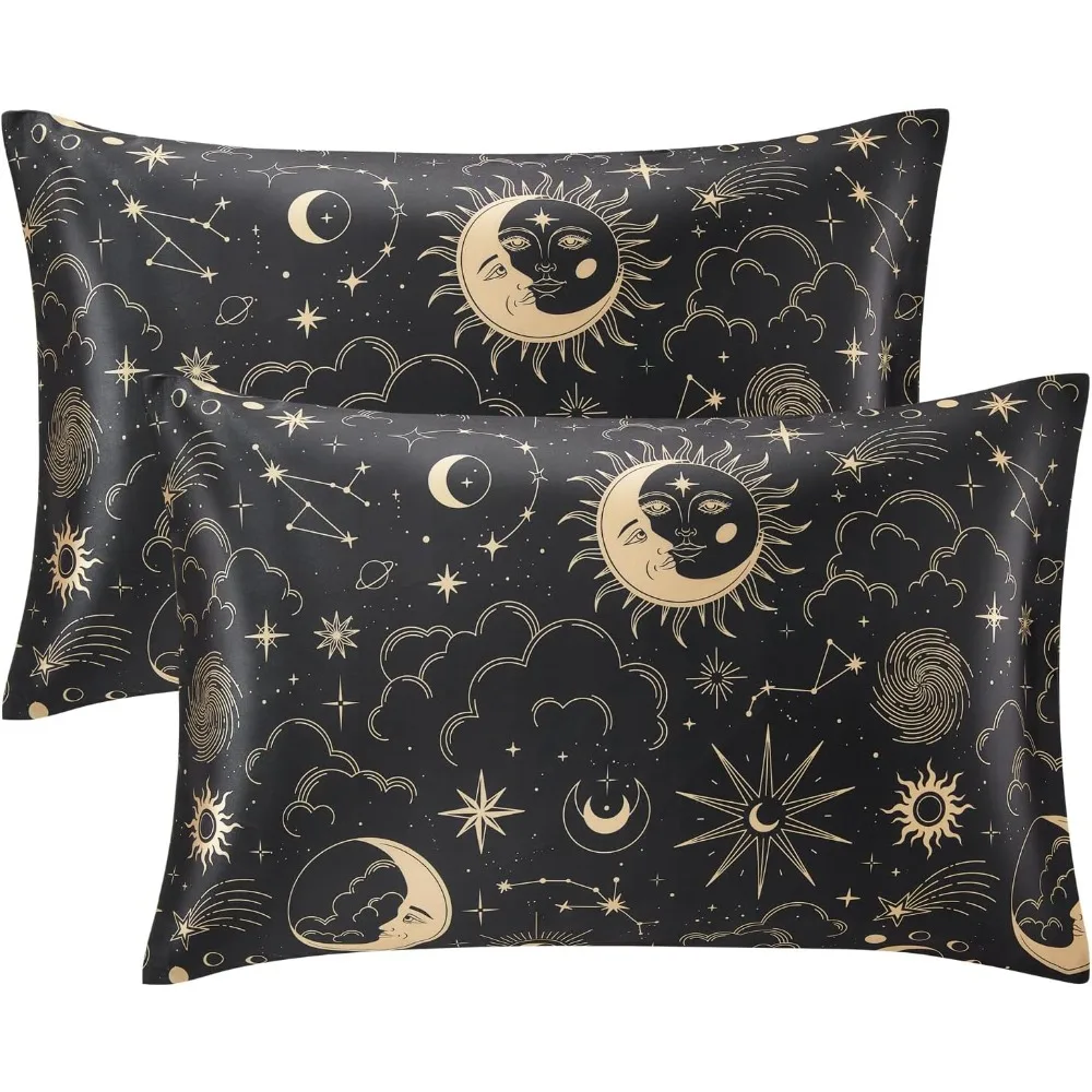 

Satin Pillowcase for Hair and Skin Queen - Black Printed Silk Pillow Cases 2 Pack 20x30 inches - Satin Pillow Cases Set