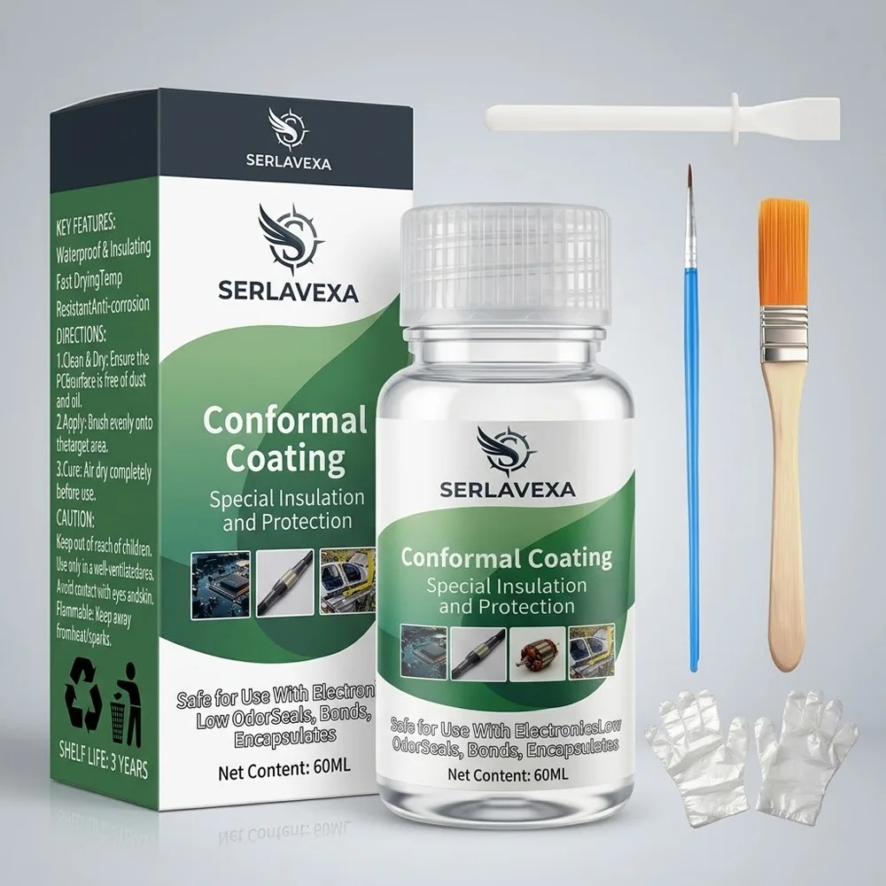 

Усовершенствованное покрытие SERLAVEXA Tri-Protection, 2 унции, прозрачный изоляционный защитный лак для печатных плат с кисточками и перчатками