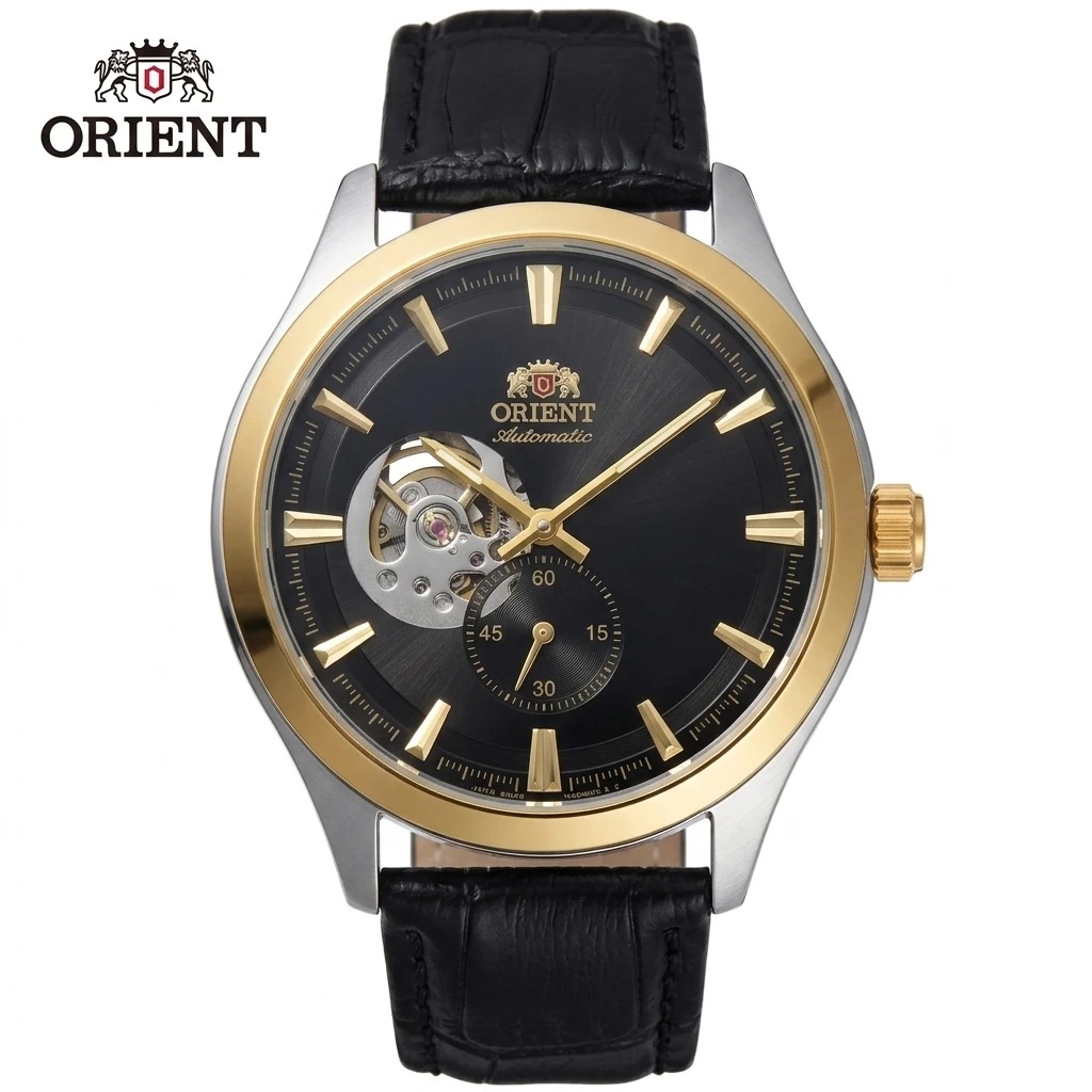 Orient Japan Men Self-Winding Mechanical Dress Watch, Skeleton Dial Small Second Hand Waterproof Leather Strap Wristwatch