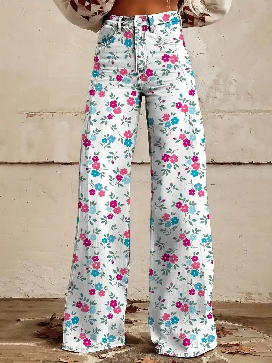 

Women Wide Leg Floral Print Pants Button Closure Pockets Flared Trousers Casual Retro Style