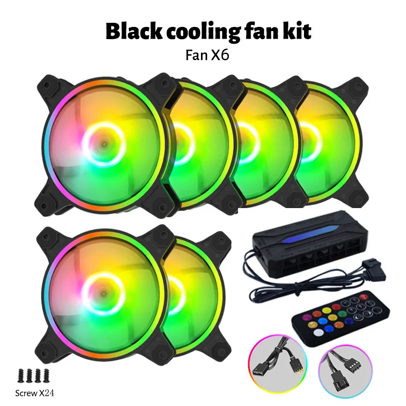 (Heat Dissipation Fan Kit) 6 Fans + 1 Hub. The Two-in-One Hub Has 10 PWM Ports and 10 ARGB Ports (Battery Not Included)