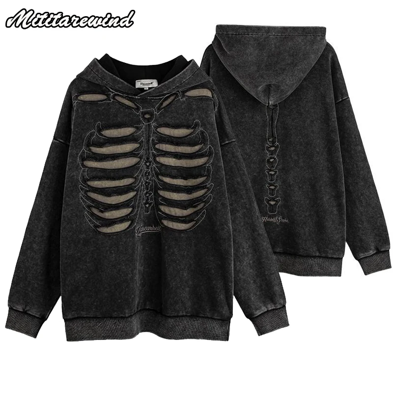 

Hip Hop Hoodies Men and Women High Street Retro Washed Distressed Skeleton Design Hole Oversized Couple Hooded Sweatshirts