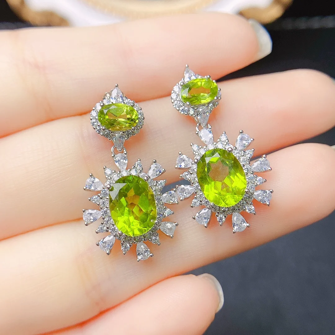 FS S925 Sterling Silver Inlay Natural Olivine Earrings With Certificate Fine Charm Fashion Wedding Jewelry for Women MeiBaPJ