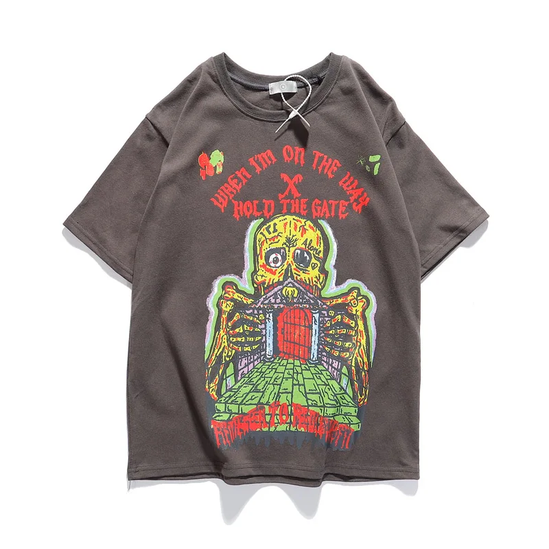 

Kanye West Skull Print Loose Casual Unisex T-Shirts Youth Fashion Nine Sleeve Slim Fit Henry Collar Autumn Collection