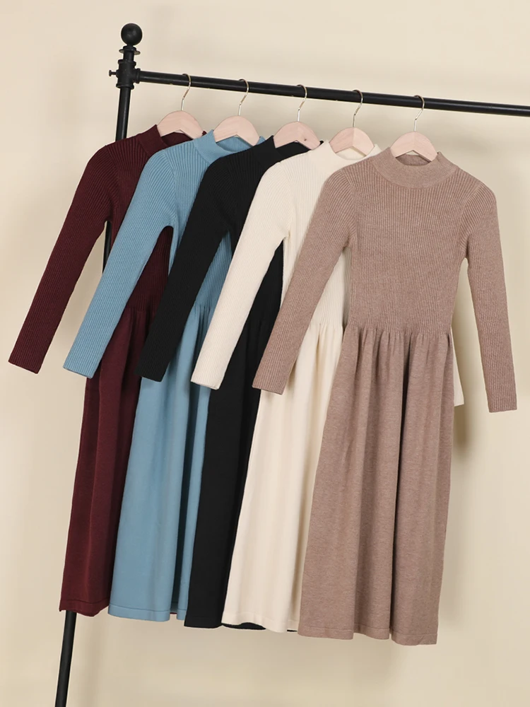 

Casual Women's Dresses Ladies Knitted Long Sleeve Dress 2026 Winter Sweater Korean Fashion Clothes Clothing Robe Basic Elegant