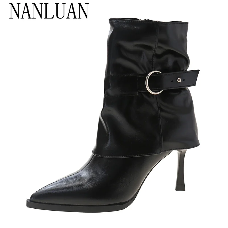 

2024 Boutique Autumn and Winter Ankle Boots Women's Pointed Toe Stiletto Heel Metal Buckle Decorated Short Fashion Boots