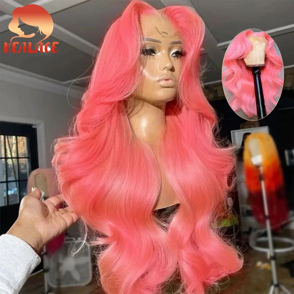 

Pink Color Body Wave Wig HD Transparent Lace Frontal Wigs 36 Inch 200 Density Pre Plucked Body Wave Human Hair Wigs For Women