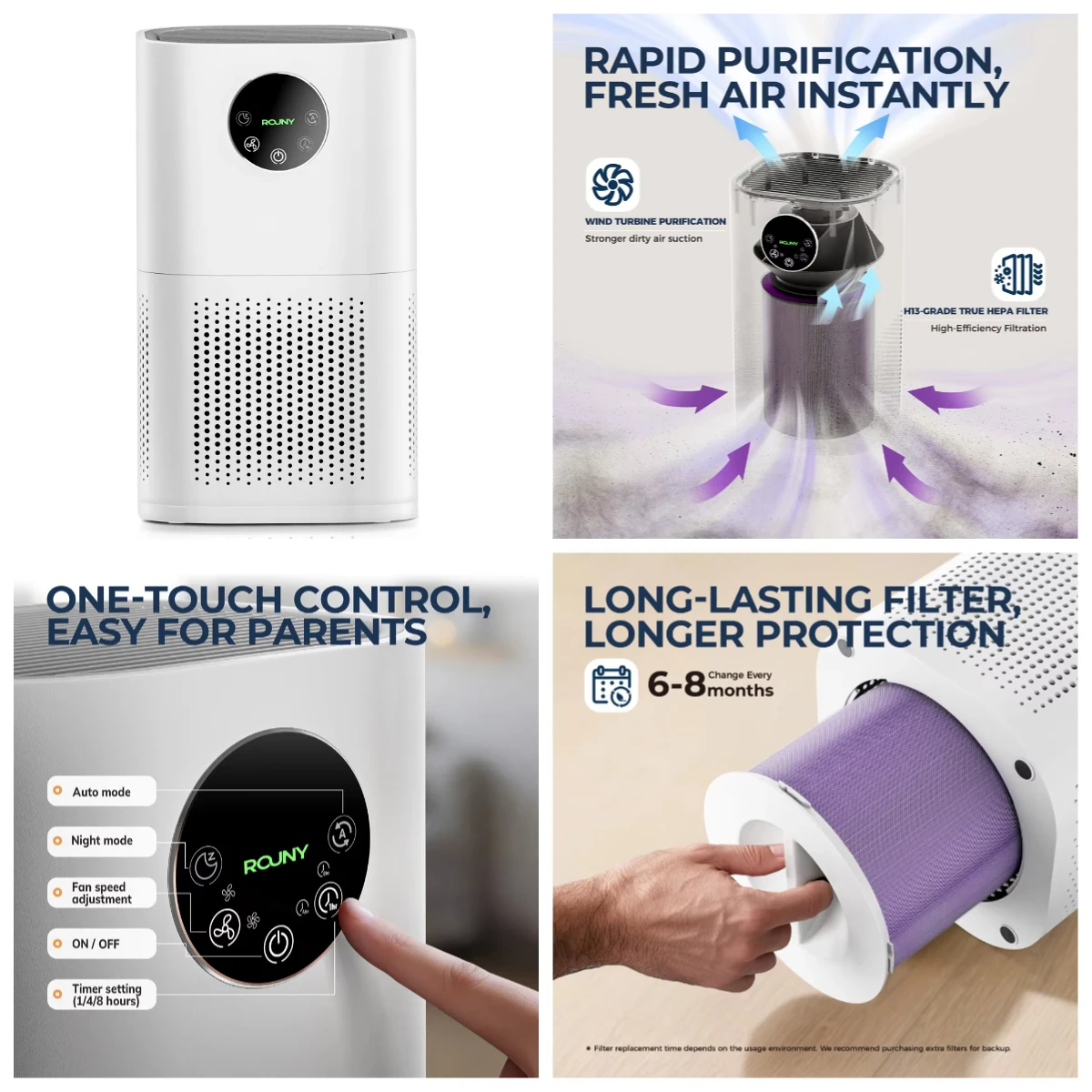 

25dB Silent Sleep Mode H13 HEPA Air Purifier Portable 3-Color LED Air Cleaner for Dust Pollen Home Travel