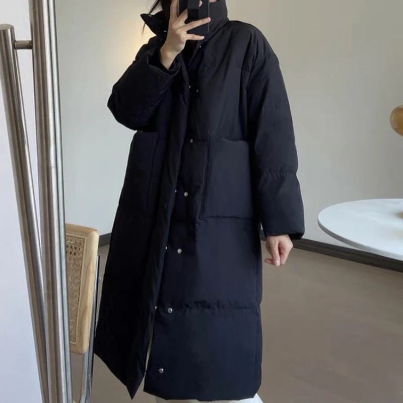 

2023 Autumn Winter Thicken Hooded Cotton-Padded Jakcet Casual Loose Women Parkas Coat Female Pockets Long Outwears