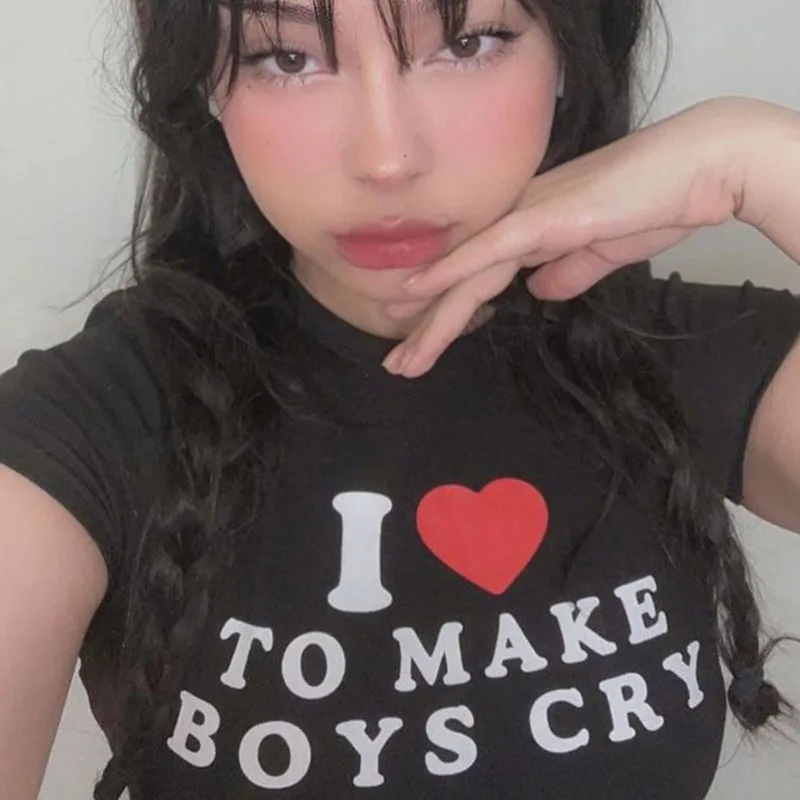 Aesthetic Grunge I Like To Make Boys Cry Alphabet Print T-shirt Summer Casual Streetwear Crop Tops Y2k O-neck Short Sleeve Tees