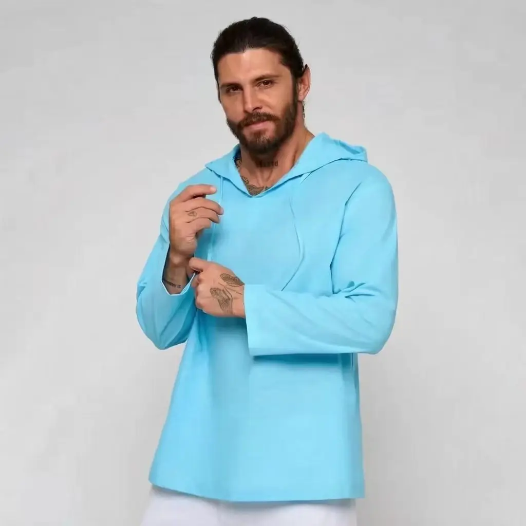 2026 Summer Men Linen Cotton Hooded Shirt Solid Color Long Sleeve Thin Chinese Style Outdoor Breathable Lightweight Casual Stree