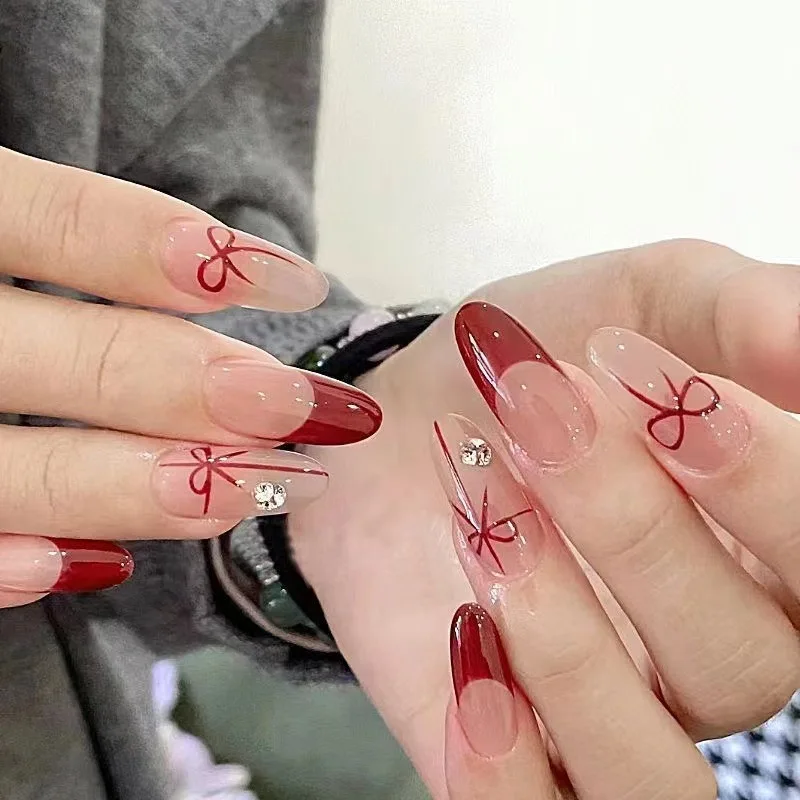

Red Velvet Bow Nail Stickers French Tip Design Self Adhesive Waterproof Decals for Christmas New Year Manicure