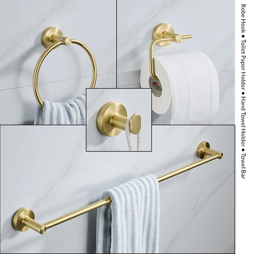 Brushed Gold Wall Mount Shelf Toilet Bath Hardware - Paper Holder Towel Bar Rack Robe Hook Hanger - Bathroom Storage Accessories